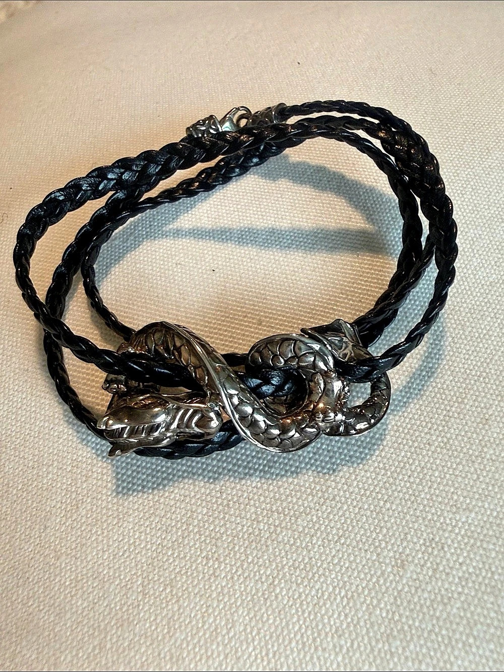 John Hardy Black Sterling Silver Dragon and Braided leather cord wrap bracelet